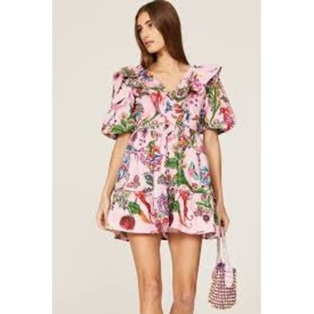 Banjanan Mini Dress Womens XS Pink Toucans Garden Tropical Ruffle Puff Sleeve